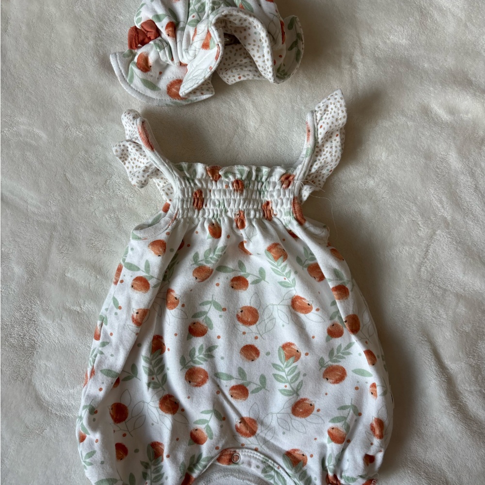 Rabbit and Bear 3-6 M peach onesie with cute hat